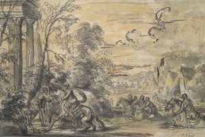Woman on Horseback Fording a Stream by Unknown