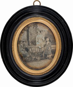 Two Women and Three Children in Garden by Unknown 19th Century