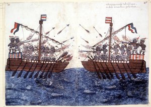 16th Century Engraving Depicting the Encounter with a Pirate Ship in the Indian Ocean. Rome Biblioteca Casantense by Unknown artist