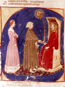 Second heaven: Dante and Beatrice face the Roman Emperor Justinian in the first heaven of Paradise. Illuminated page illustrating a song of Paradise from the 