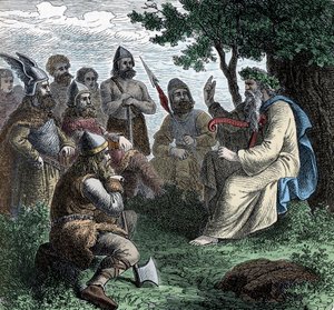 A Bard Reciting to Northmen - Viking Civilization: A Bard Druid Recites Poesy to Warriors, 8th-9th century by Unknown artist