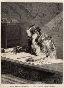 A Japanese writer at his work table, editing a text on a long roll that he rolls or unrolls according to the progress of his task. Engraving to illustrate the voyage to Japan, in 1863-1864, by Aime Humbert, minister of the Swiss Confederation, in Le tour