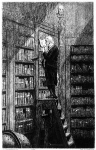 A librarian on his ladder examining books on shelving. Engraving of the 19th century