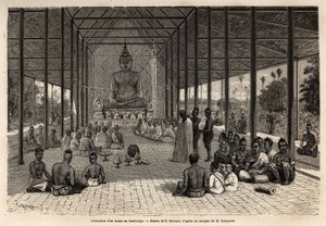A bonze ordination ceremony in a temple near Angkor, Cambodia. Engraving illustrating a voyage of exploration in Indochina by Francis Garnier, published in 