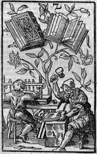 A bookbinding workshop in the Middle Ages. by Unknown artist