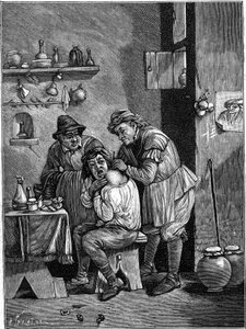 A charlatan surgeon in the 18th century examining a shoulder injury by Unknown artist