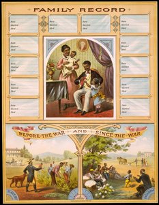 A diagram showing two farms that compare slavery and freedom. High part reserved for recording family anniversaries. Engraving, circa 1880