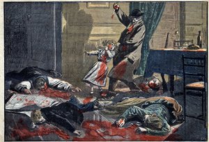 A family murdered: murder of the Leblond family by Caillard, a madman, in Nassandre, near Bernay. Illustration in Le Pelerin of April 10