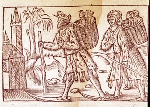 A family of Norwegians travelling on skis. Engraving by Olaus Magnus (1490 - 1557), Swedish religious and geographer, “Historia de Gentis Septentrionalibus”, Venice