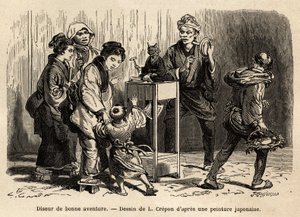 A fortune teller in the streets of Edo (now Tokyo). Engraving to illustrate the journey to Japan, by Aime Humbert, minister of the Swiss Confederation, in 1863-1864, published in 