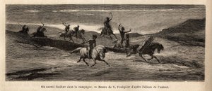 A funeral convoy in the Icelandic countryside, headed by a horse carrying the coffin, followed by about thirty people and a herd of dogs, shouting and barking throughout the day, stopping at each house to drink a glass of alcohol, so that the funeral proc
