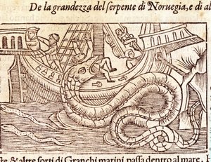 A Giant Marine Snake Attacks a Ship and Beats Its Crew. Engraving by Olaus Magnus, Swedish Religious and Geographer, 