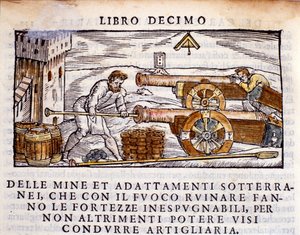 A gunner loading a gun with explosives. Engraving from the metallurgy book 