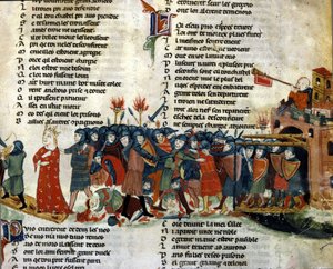 A king is taken prisoner and taken away by the enemy army while the victims of the battle lie on the ground. Miniature of the 