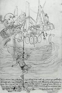 A man tries to repair the hull of a boat with a mask