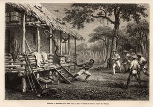 A python entered the space of the traveler and narrator, while all present people set themselves apart to protect themselves, the snake is expelled by one of the servants who, after failing with the lasso, grabbed him by the tail. Engraving to illustrate t by Unknown artist