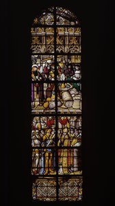 A right to weights and measures, guaranteed by the presence of an appropriate controller (top). Chilperic welcomed by the bishop of Tournai after the defeat by his brother Sigebert (bottom). Stained glass at the Cathedral of Tournai: Transept right (3). by Unknown artist