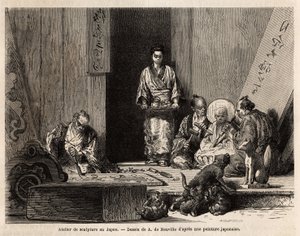A sculpture workshop in Yedo (or Edo, present-day Tokyo), pruning granite for the manufacture of pillars, statuettes, candelabra and tombstones, as well as wood carving, for the manufacture of altar panels, decorative woodwork, coffins and chimeric figurin by Unknown artist