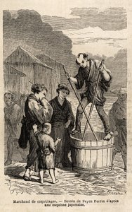 A Shell Merchant in the Middle of the Street Rises in Balance on the Barrel Containing His Goods, Which He Tows with Two Long Chopsticks. Engraving to Illustrate the Voyage to Japan, in 1863-1864, by Aime Humbert, Minister of the Swiss Confederation, in Le