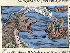 A sperm whale attacks a ship. Engraving by Olaus Magnus (1490-1557), Swedish religious and geographer, 