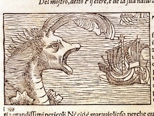 A sperm whale (?) (physeter) attacks a ship. Engraving by Olaus Magnus (1490 - 1557), Swedish religious and geographer, 