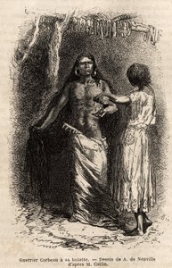A Warrior of the Crow Indian Tribe (Crows), Living Along the Lewis River, Doing His Toilet. Engraving to Illustrate an Excursion Among the Indian Tribes of the Basins of Colombia and Upper Missouri, by G. Catlin, in 1855, Published in le tour du monde