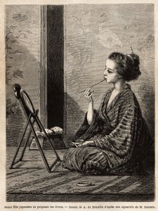 A young girl from Yedo (or Edo, present-day Tokyo), painting her lips in front of her mirror, has her dimensions the lacquer box containing her necessities: combs, brushes and hairpins, toothpowder, rice powder and other cosmetics. Engraving to illustrate