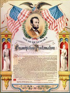 Abraham Lincoln and his proclamation of the Emancipation of slaves (flags and eagle). 22/09/1862