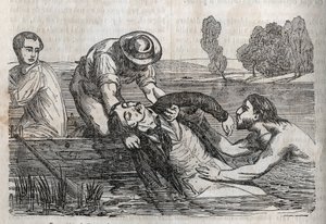 Accident medicine - on the most effective relief to be given to the drowned people - to remove a drowning man from the water, you have to do it as conveniently as possible - engraving in La Sante Universelle - Guide Medical des Families 1852