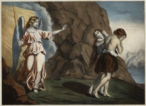 Adam and Eve chased from Paradise. Anonymous engraving from the middle of the 19th century