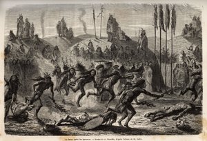 After the ceremony of self-giving to the Great Spirit, the young warriors embrace a frenetic and outflow dance, the weakest are trailing on the ground, among the Mandans Indians (or noumah ka kie: pheasants), on the left bank of Missouri. Engraving to illu by Unknown artist