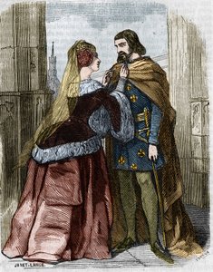 Agnes Sorel (1422-1450) (Lady of Beaute sur Marne) and King of France Charles VII in the Abbey of Jumieges. Engraving of the 19th century.