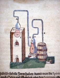 Alchemy: apparatus for distillation (engraving from a book by Pietro Andrea Mattioli)