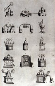 Alchemy: board representing different models of distillation apparatus and stills. Athanase Kircher, German Jesuit. 17th century engraving