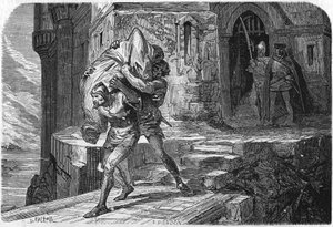 Alexander, king and bastard of Bourbon was sewn into a bag and cast into the Dawn to replace it with the dolphin, the future Louis XI. Engraving of the 19th century by Unknown artist
