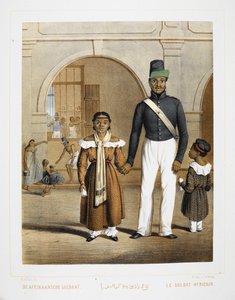 An African soldier with his family. Inhabitants of Indonesia.