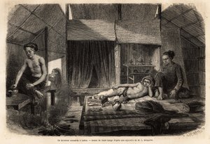An Annamite interior in Lakon (Laos). Engraving illustrating a voyage of exploration in Indochina by Francis Garnier, published in 