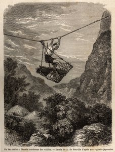 An air ferry, path above the valleys, a kind of string basket is suspended from a rope, for the transport of men and materials, its displacement is done by the strength of the arms, pulling the suspension rope. Engraving to illustrate the voyage to Japan by Unknown artist