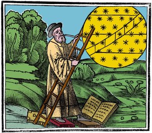An astronomer putting a ladder to climb into the sky.