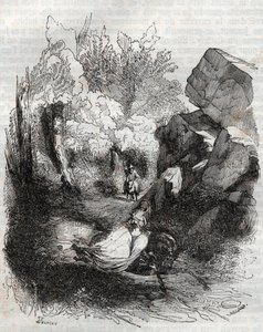Angelique (Angelica) fleeing the old hermit - engraving of 1851 from Furious Roland (Orlando furioso) (16th century) by Ludovico Ariosto, known as the Ariosta - Edition translated from Italian by the Count of Tressan and published by Gustave Harvard 1