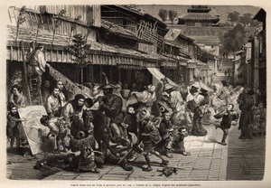 Appearance of a street in Edo (Tokyo) on the first day of the year, the transvestite inhabitants walk around and children