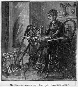 Application of Faure batteries: electric sewing machine walking through the accumulator. Engraving in 