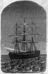 Application of Faure batteries: ship in the open sea lit by electricity. Engraving in 