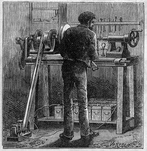 Application of Faure batteries: turn of a craftsman powered by the accumulator. In Le Monde Illustre