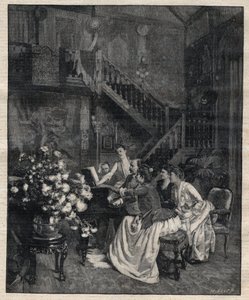 Around a score - Jules Massenet (1842-1912), French composer, playing with friends “Le portrait de Manon” - Engraving in “Le Progres illustrious” de 1895 by Unknown artist