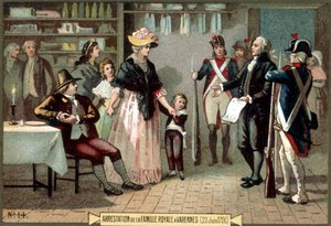 Arrest of the Royal Family (Louis XVI and Marie Antoinette with their children) in Varennes (22/06/1791). Chromolithography 19th century