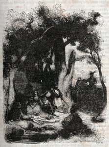 Arrival of Rodomont and Mandricard to the fountain of Merlin - engraving of 1851 from “Roland furieux” (Orlando furioso) (16th century) by Ludovico Ariosto, known as the Ariosta - Edition translated from Italian by the Count of Tressan by Unknown artist