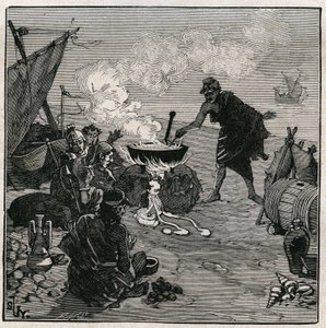 Art of Glass: Discovered Vitrification According to Pliny the Elder. In Antiquity, Merchants Failed on a Beach Fire with Kali Plants Among the Fuels. These Vegetables Provide Enough Soda to Produce Glass by Mixing with Sand. Engraving from 1885