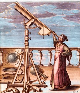 Astronomer observing the sky with a telescope - from: Johannes Hevelius, Selenographia, sive Lunae descriptio (Selenography, or A Description of The Moon)