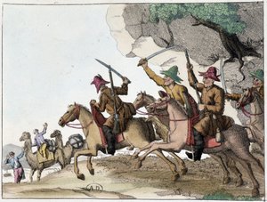 Attack of camel caravan by a group of Kyrgyz on horseback, early 19th century by Unknown artist